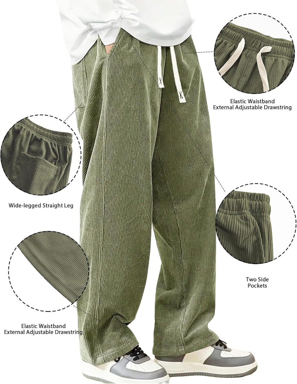 Mens Corduroy Casual Pants Fashion Loose Fit Wide Leg Pants Straight Sweatpants Elastic Waist Drawstring