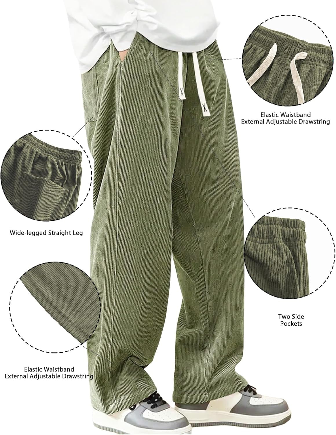 Mens Corduroy Casual Pants Fashion Loose Fit Wide Leg Pants Straight Sweatpants Elastic Waist Drawstring