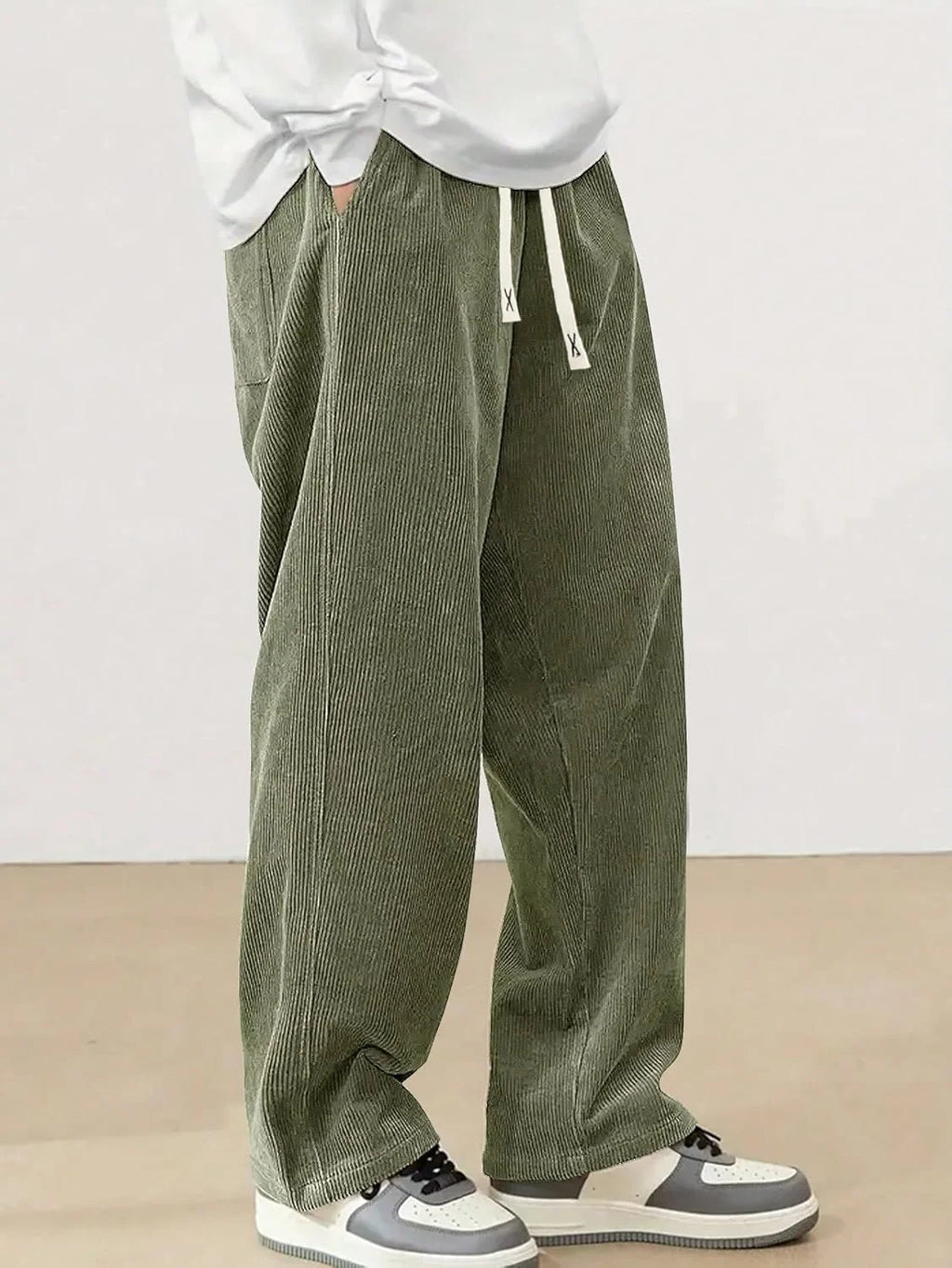 Mens Corduroy Casual Pants Fashion Loose Fit Wide Leg Pants Straight Sweatpants Elastic Waist Drawstring