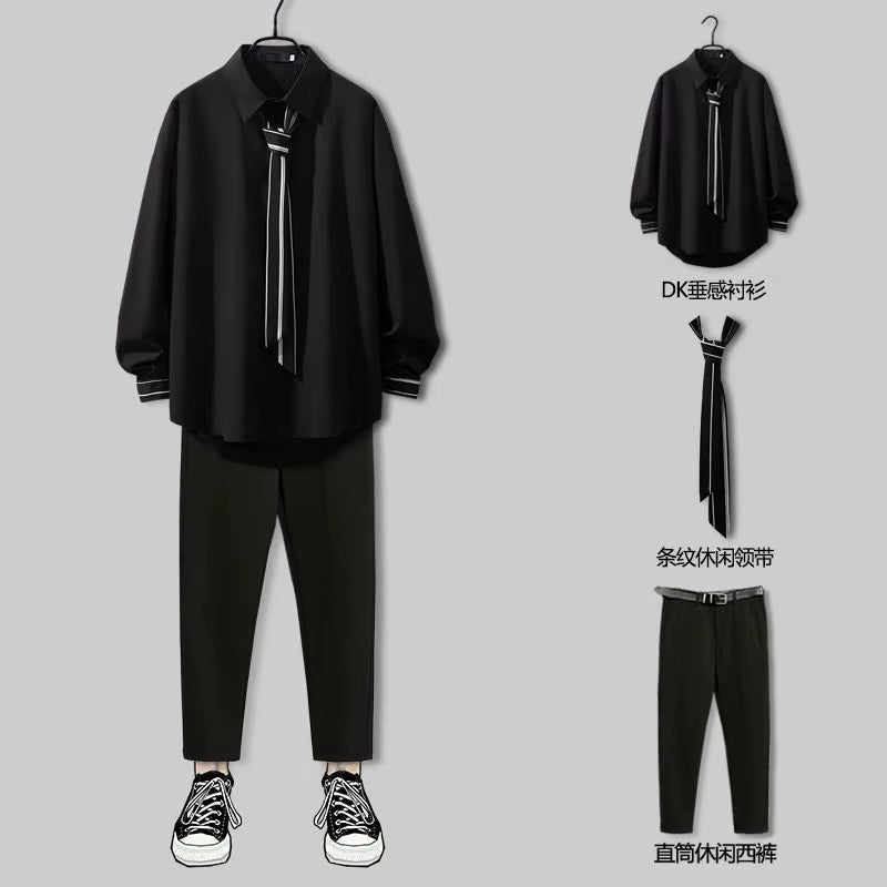 2025 New Spring Design Handsome Japanese Preppy Style Pants Suit Two Pieces Solid Pants + Shirt Set Men