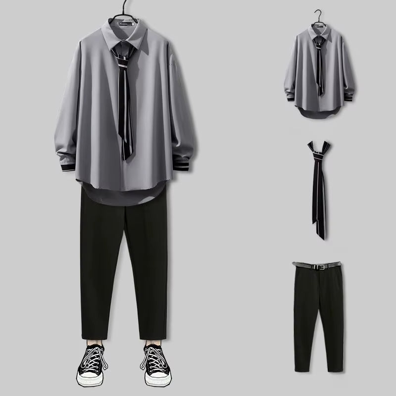 2025 New Spring Design Handsome Japanese Preppy Style Pants Suit Two Pieces Solid Pants + Shirt Set Men