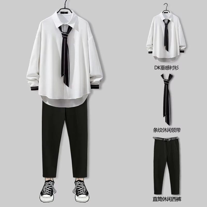 2025 New Spring Design Handsome Japanese Preppy Style Pants Suit Two Pieces Solid Pants + Shirt Set Men