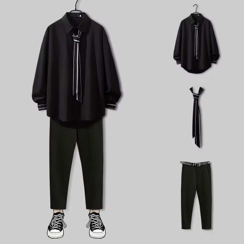 2025 New Spring Design Handsome Japanese Preppy Style Pants Suit Two Pieces Solid Pants + Shirt Set Men