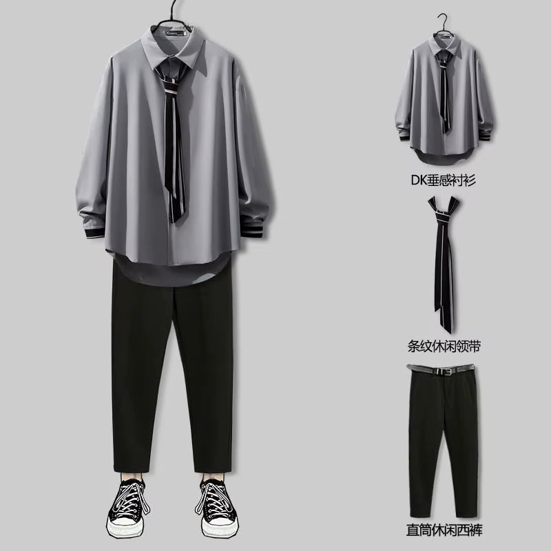 2025 New Spring Design Handsome Japanese Preppy Style Pants Suit Two Pieces Solid Pants + Shirt Set Men