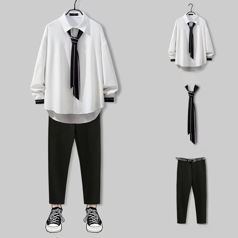 2025 New Spring Design Handsome Japanese Preppy Style Pants Suit Two Pieces Solid Pants + Shirt Set Men
