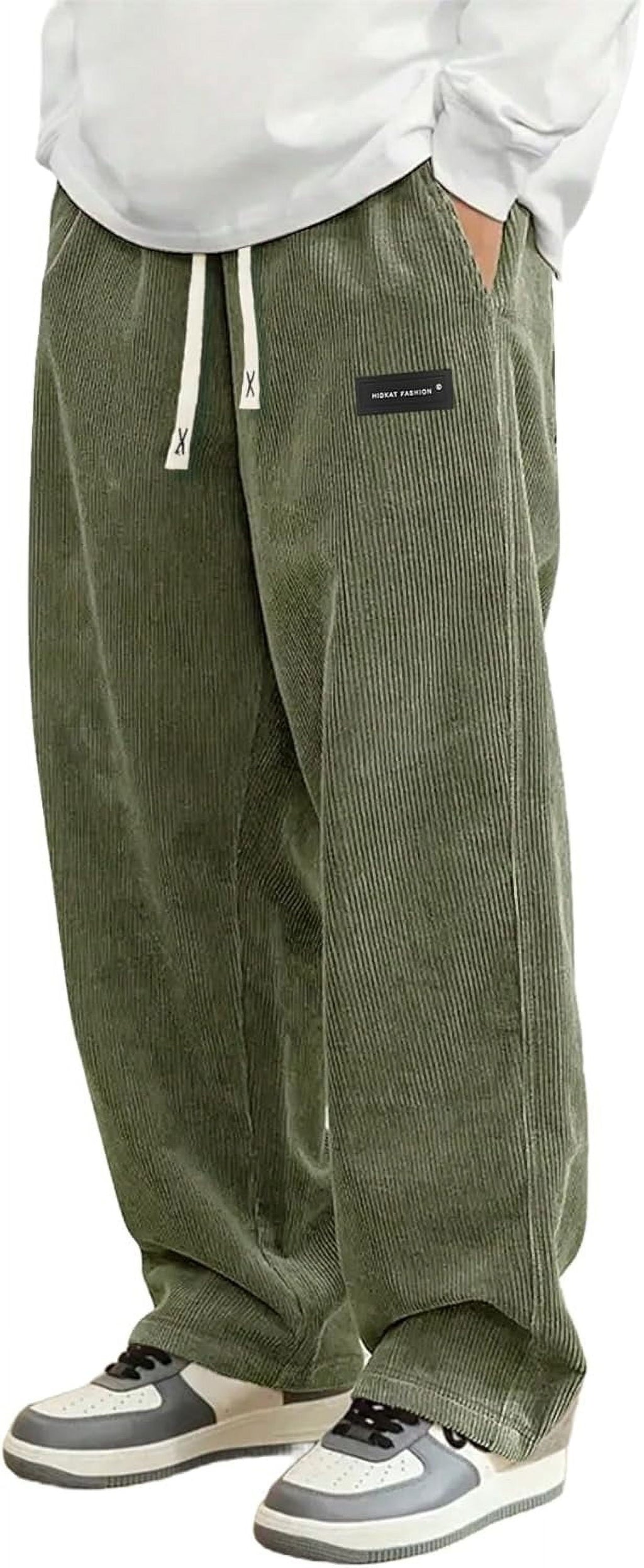 Mens Corduroy Casual Pants Fashion Loose Fit Wide Leg Pants Straight Sweatpants Elastic Waist Drawstring
