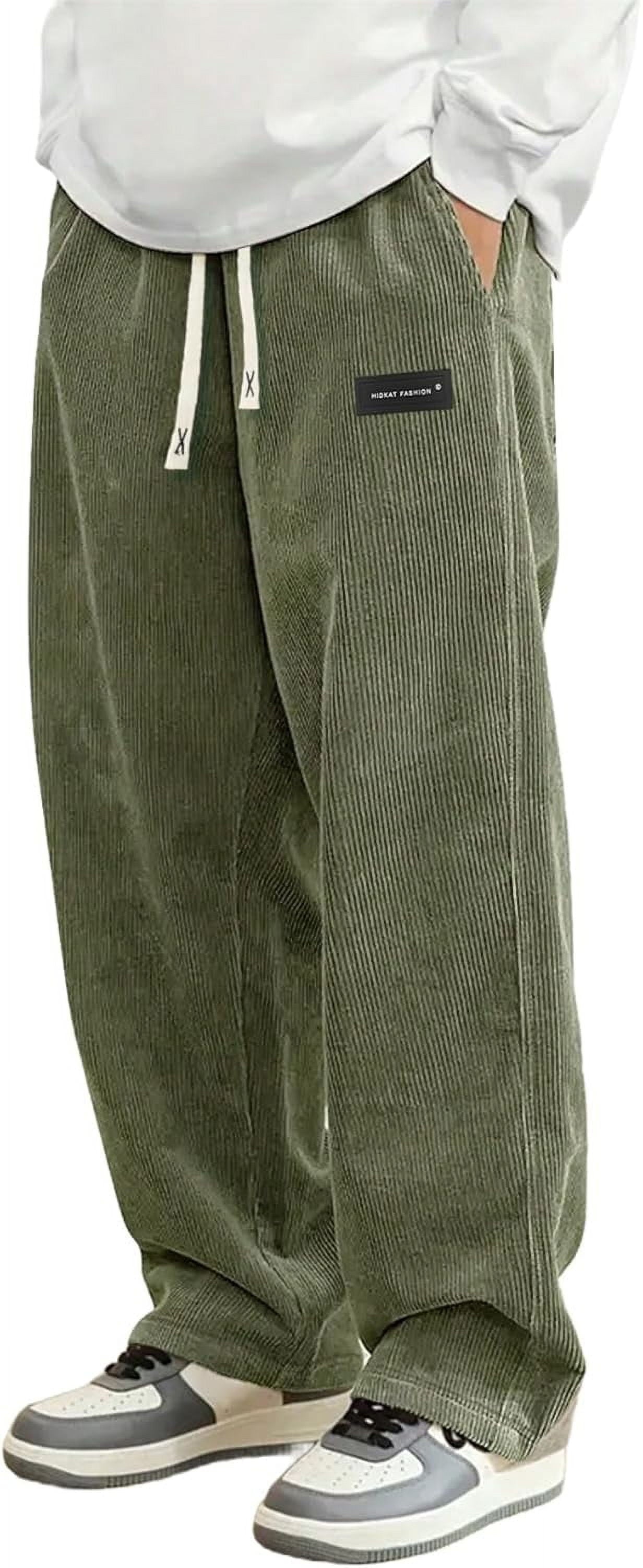 Mens Corduroy Casual Pants Fashion Loose Fit Wide Leg Pants Straight Sweatpants Elastic Waist Drawstring