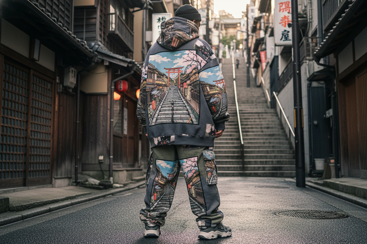 conjunto overzai con grafico anime de fondo japon o unas escaleras 