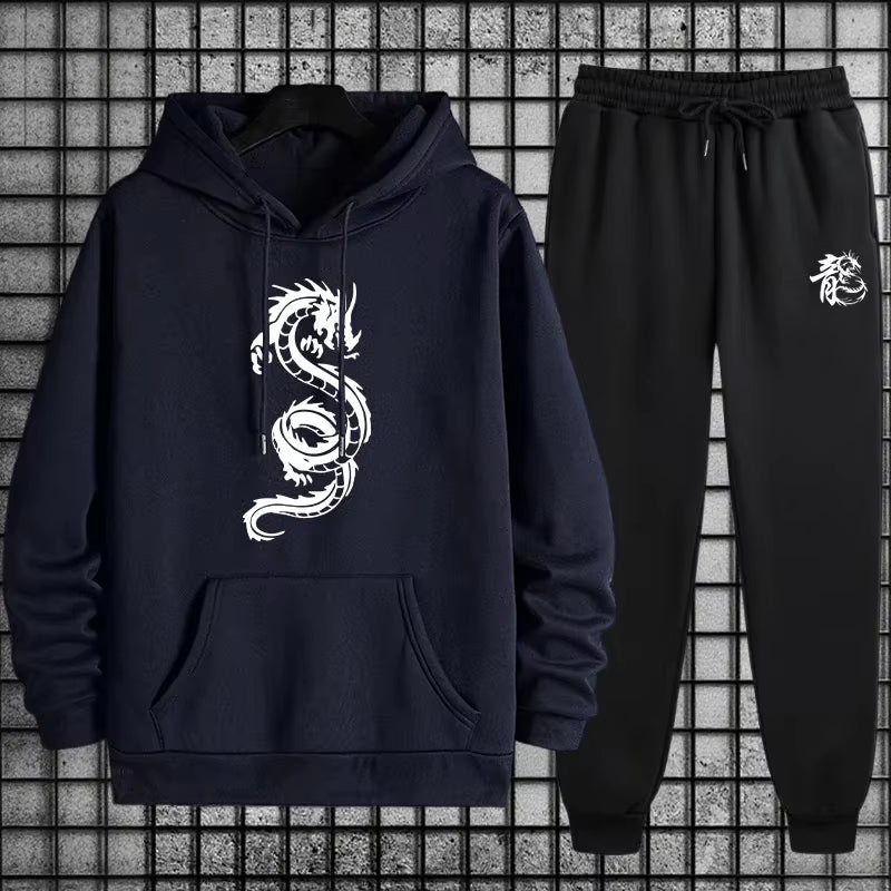 2025 Versatile Men'S Sportswear Set Chinese Dragon Print Hoodie and Jogger for Various Activities Fall Winter Casual Sports Suit