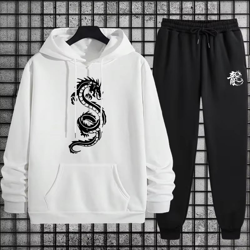 2025 Versatile Men'S Sportswear Set Chinese Dragon Print Hoodie and Jogger for Various Activities Fall Winter Casual Sports Suit
