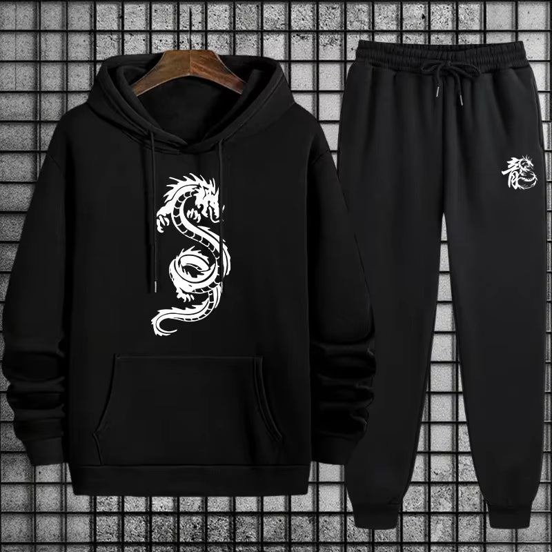 2025 Versatile Men'S Sportswear Set Chinese Dragon Print Hoodie and Jogger for Various Activities Fall Winter Casual Sports Suit