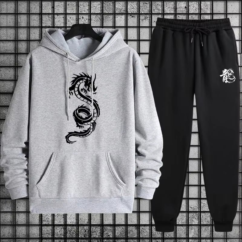 2025 Versatile Men'S Sportswear Set Chinese Dragon Print Hoodie and Jogger for Various Activities Fall Winter Casual Sports Suit